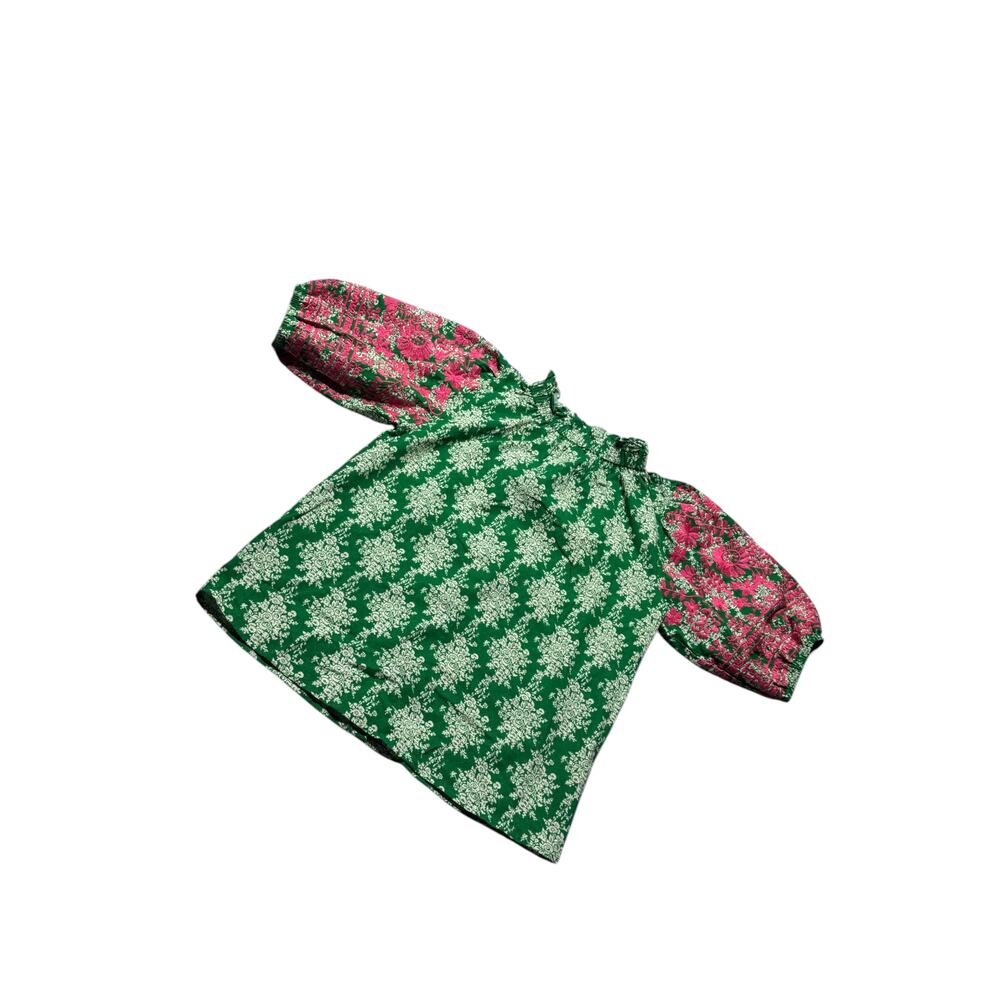 NWT THML Blouse Womens S Green Pink Embroidered Floral Puff Sleeve Button Back - Picture 4 of 16